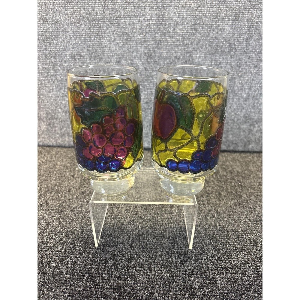 2~Vtg~Libbey "Fruit Panorama" Stained Glass Fruit Tumblers~12oz